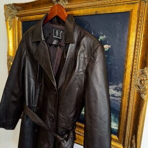 INC Vintage Chocolate Brown Leather Double Breast Tie Waist Jacket Size M